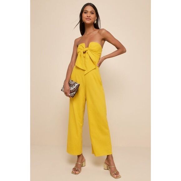 Lulus Sunshine Aura Mustard Yellow Tie-front Strapless Jumpsuit - Size M - Picture 1 of 1
